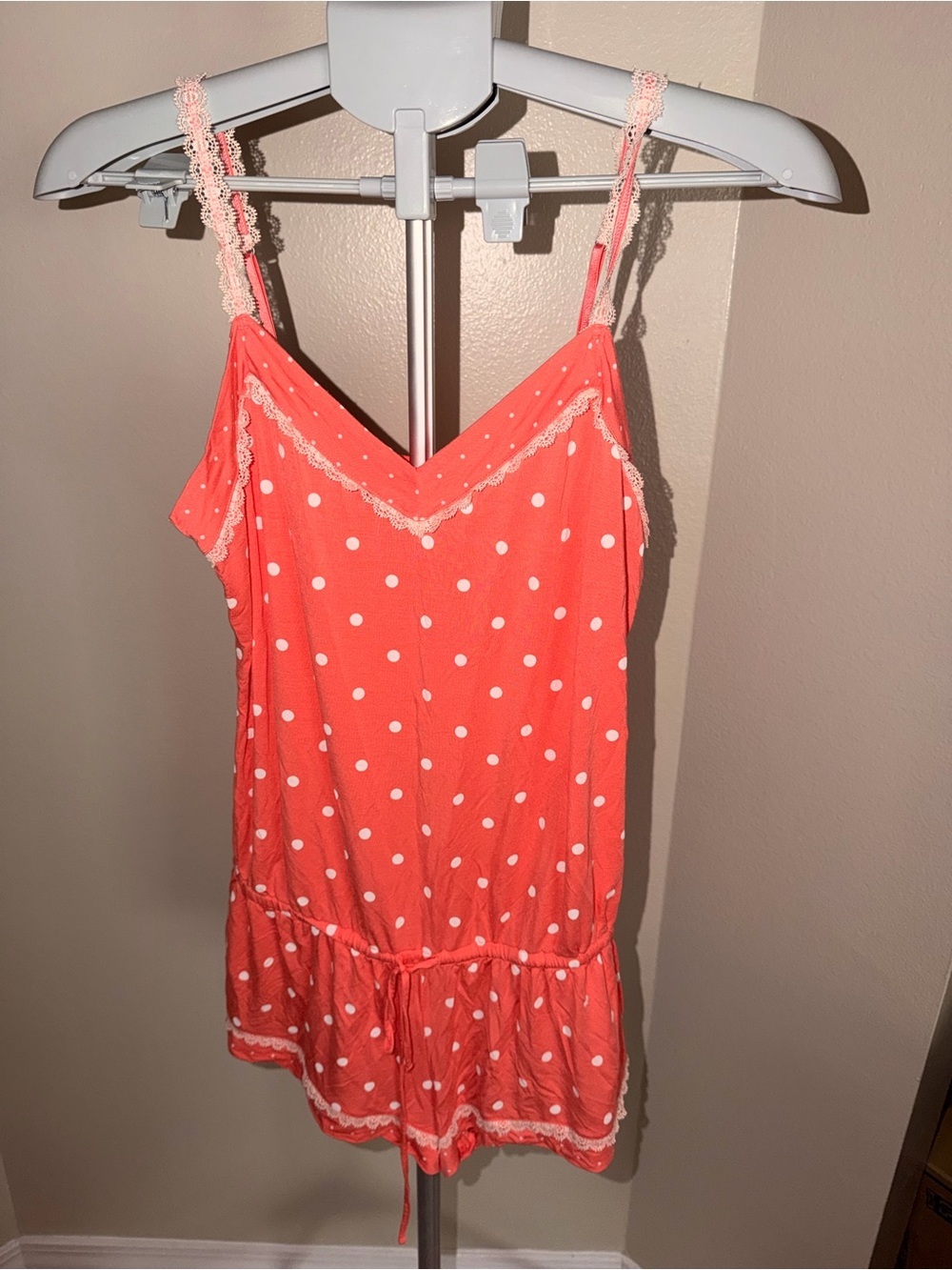 Victoria’s Secret Coral Polka Dot Lace Trim Sleep Romper Pajamas